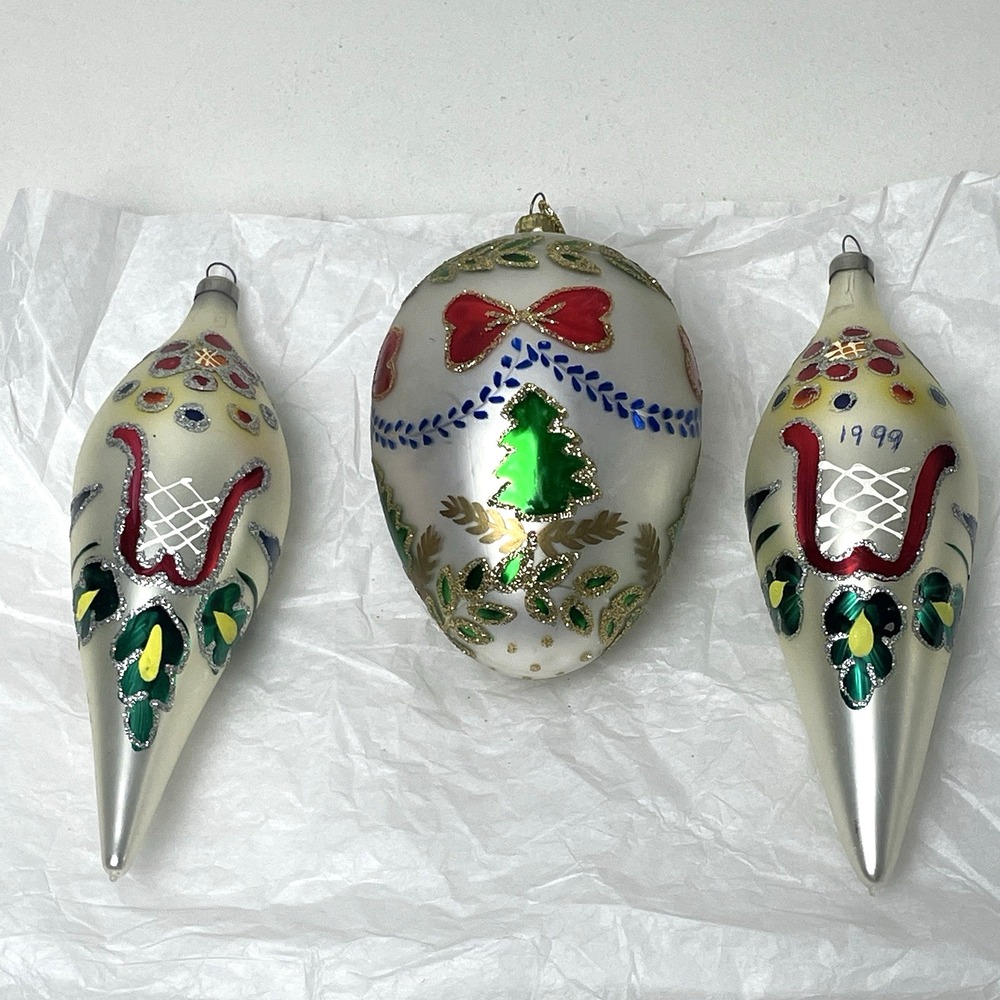 Vintage Glass Glitter Finial Teardrop Christmas Ornaments LOT of 3